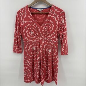 Boden Tunic Dress Women's 8P Coral‎ White Floral Jersey 3/4 Sleeve V Neck Mini